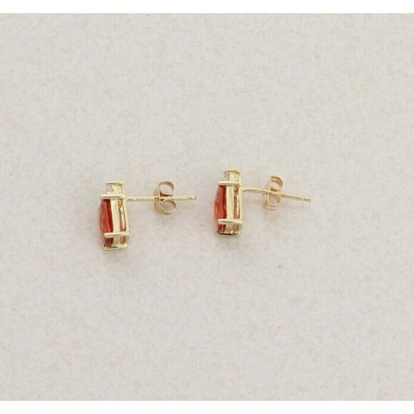 10k Yellow Gold Lab Created Orange Sapphire Padparadscha & White Topaz stud - Picture 9 of 9